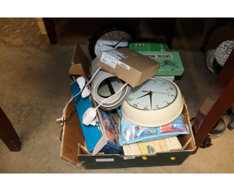 A box of various sundry items to include wall clocks, crystal microphone, door bell etc.