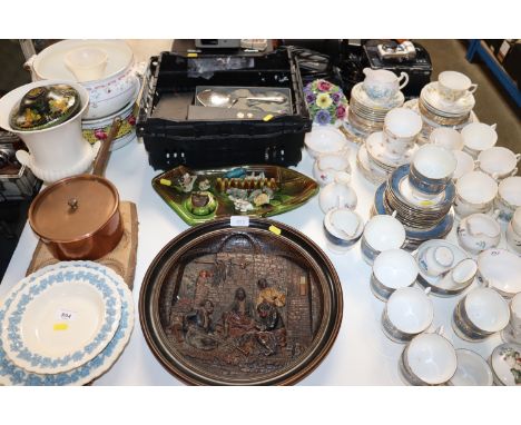 A pottery wall plaque, an Art Deco style ashtray with integral lighter, Wade Whimsies and a quantity of various cutlery