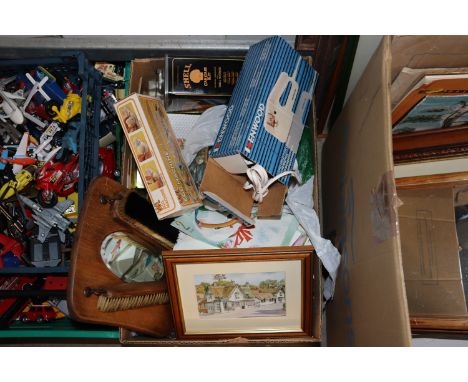 A box of various miscellaneous items to include Kenwood hand held can opener, ornaments, a ceiling light with glass prism dro