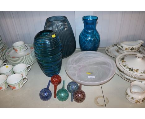 A Portmeirion cloud glass bowl, a blue Art Glass vase with applied green decoration, two other glass vases etc.