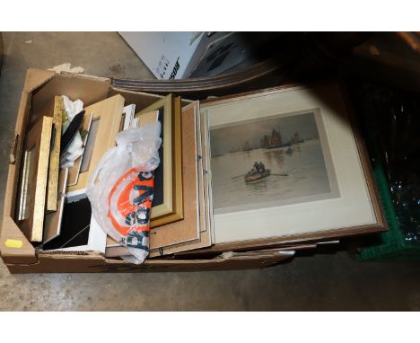 A box containing various pictures and picture frames to include a Judy Taylor mixed media study, two Katie Davie still lifes 