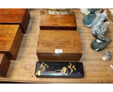 A mahogany tea caddy, an inlaid trinket box and a black lacquered glove box