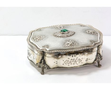 Large German silver 800 grade ornate trinket box, 248 grams with stone inlaid top and embossed and bright cut floral decorati