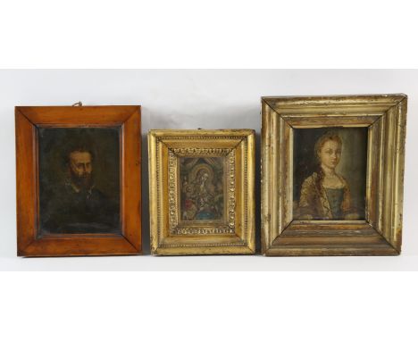European School. c. 1800, portrait of a young woman, oil on panel, 16 x 13cm, framed, with a portrait of a gentleman, oil on 