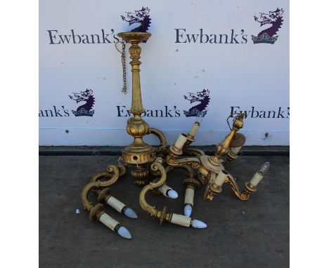 Six light carved giltwood chandelier, and another similar five light chandelier, both with electric fittings (2)