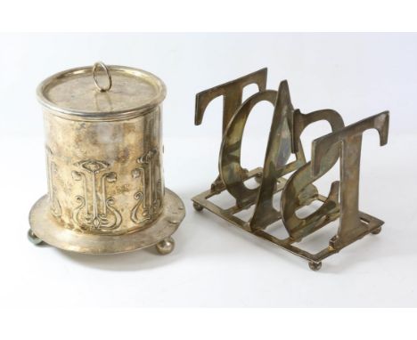 Novelty large silver plated toast rack forming the word TOAST and Art Nouveau silver plate cannister or caddy.