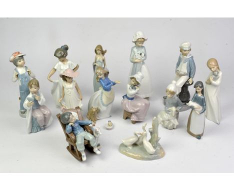 Six Lladro figures including boy sitting with horse and eight Nao figures.