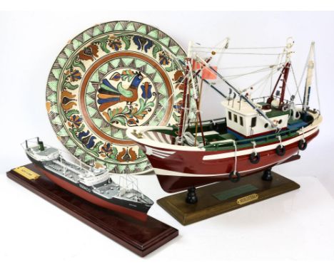 A model of Texaco ship New York, A scratch built model of a fishing vessel along with a large Majolica bowl.