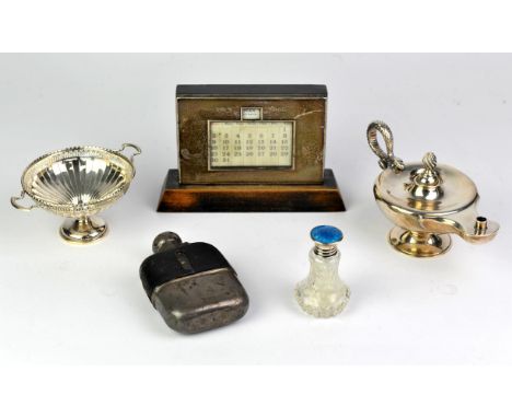 A silver hip flask, a small silver Bon Bon dish Birmingham 1925,  A silver spirit burner in the form of an oil lamp with snak