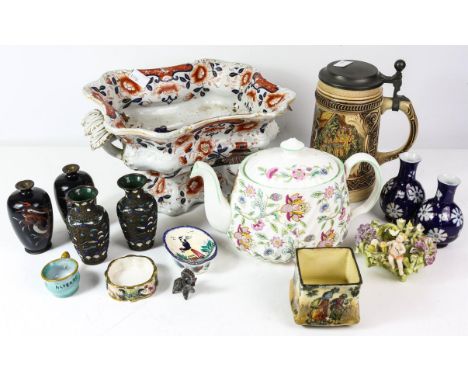 Amari pattern centre piece with platter, assorted ceramics, assorted glassware, figurines, trinket boxes and teapots