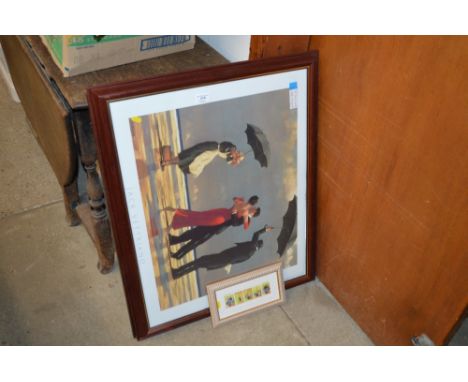 A large coloured print after Jack Vettriano together with a portrait print and a floral smaller print 