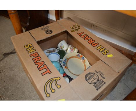 A box of various decorative china to include a Clarice Cliff plate