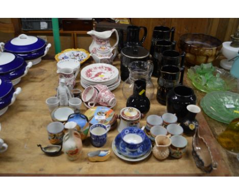A quantity of Japanese figural decorated coffeeware; black painted jugs; spode plates etc