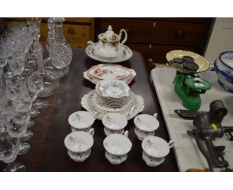 A quantity of Royal Albert Brigadoon tea cups and saucers; an Old Country Roses teapot etc