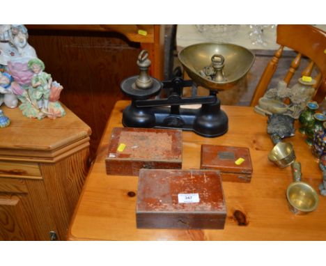 A set of kitchen scales and weights together with various other weights in fitted boxes 