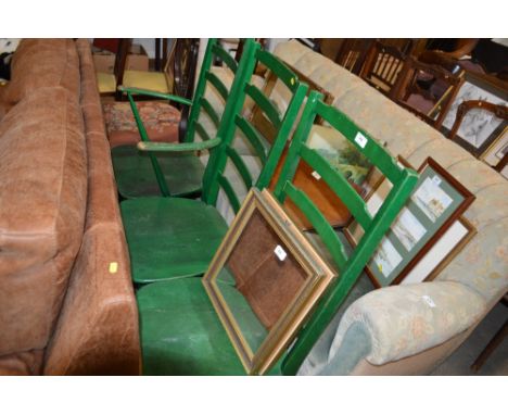 Three Ercol green painted chairs