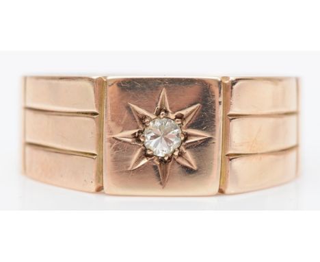 A vintage 9ct rose gold and brilliant cut diamond signet ring, Chester 1935, S, 4.4gm 