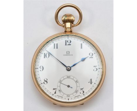 Omega, a gold plated manual wind open face pocket watch, dust cover with 1936 presentation inscription, case. 