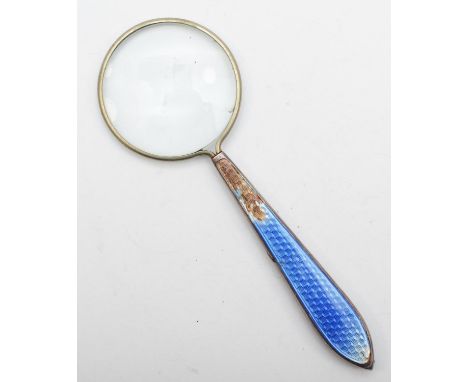 A silver and enamel magnifying glass, Birmingham 1921, enamel damaged, 12cm