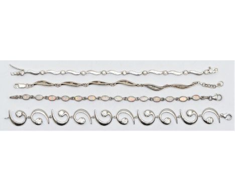 A silver and opal set line bracelet, 18.5cm and three other silver line bracelets, 48gm 