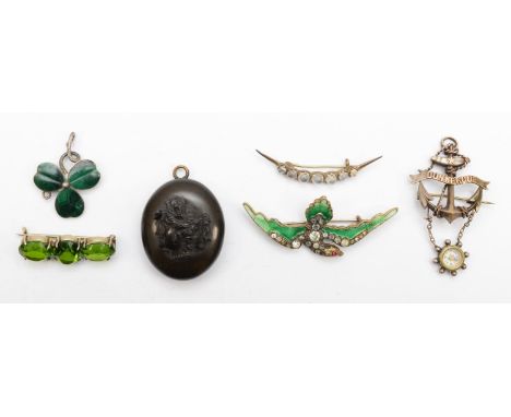 A WWI era base metal Dunkeque fouled anchor brooch with compass, 50mm, a moonstone crescent brooch, an enamel and paste bird 