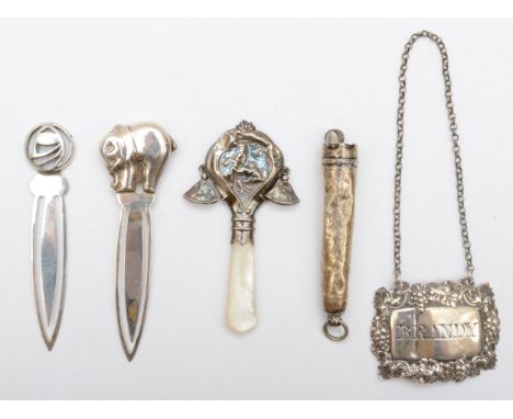 A silver elephant book mark, London 1998, another inset with mother of pearl, a silver cheroot holder converted to a cigarett