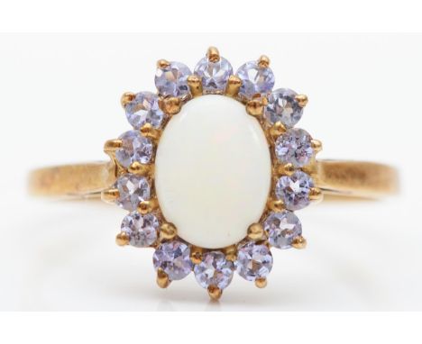 A 9ct gold opal and tanzanite cluster ring, Q, 2.1gm 