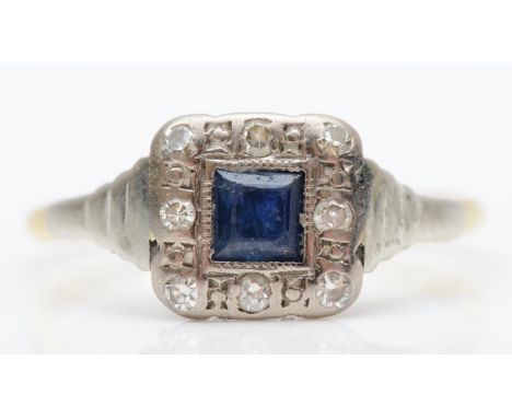 An Art Deco 18ct gold sapphire and diamond square cluster ring, K, 1.6gm 