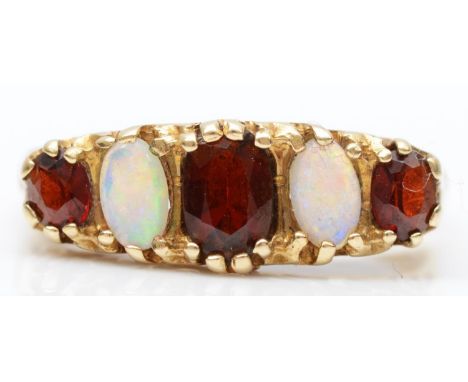 A vintage Victorian style opal and garnet five stone ring, O, 3gm 