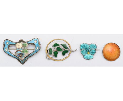 A silver and orange guilloche enamel button brooch, Birmingham 1916, a silver  and green enamel brooch, stamped STERLING and 