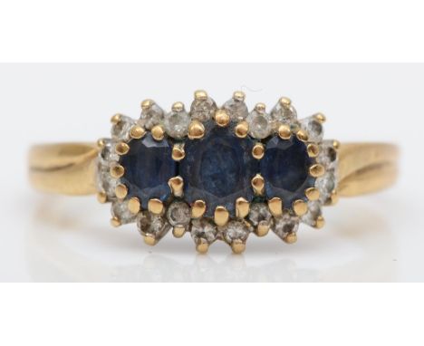 A 9ct gold sapphire and diamond triple cluster ring, N, 2,5gm 