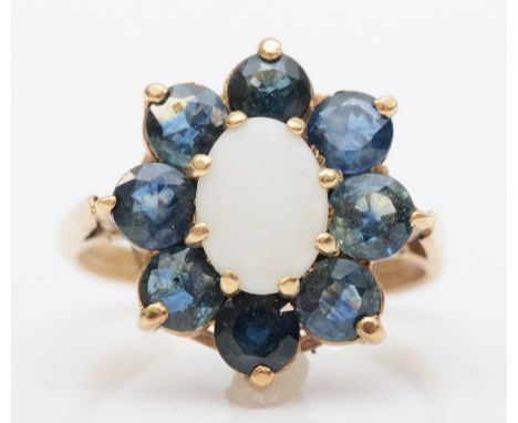 A 9ct gold sapphire and opal cluster ring, K, 3gm 