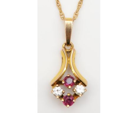 A 9ct gold ruby and brilliant cut diamond pendant, 18mm overall, chain, 1.7gm 