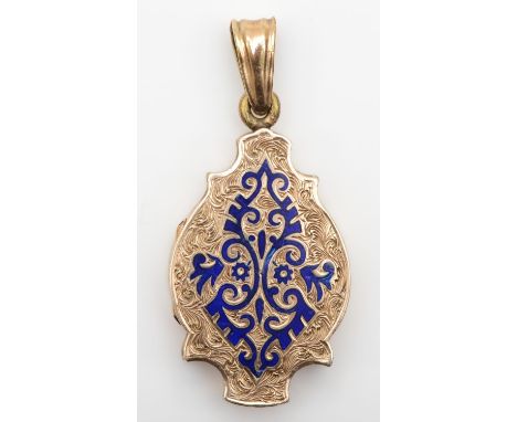 A Victorian 9ct rose gold and enamel back and front locket, floral engraved, 26 x 17mm 