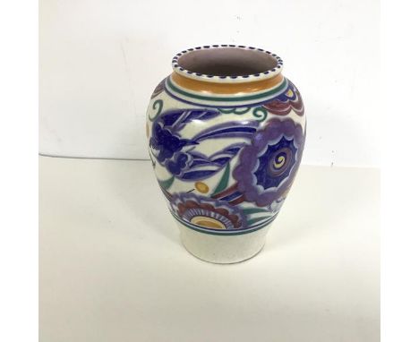 A 1930s Poole Pottery vase of urn form with polychrome floral and bird decoration, stamped Poole, England, no.44-2 to base (h