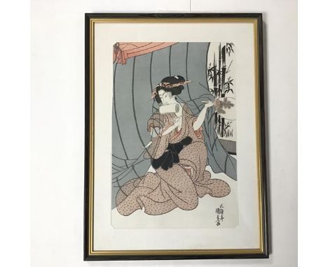 Japanese School, Lady Holding a Pipe and Fan, characters to bottom right, watercolour, handwritten label verso, Kunisada 12 (