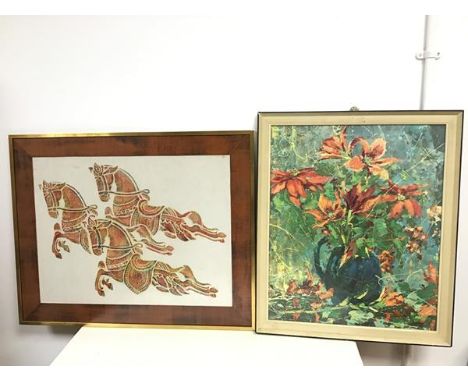 Indian School, Three Galloping Horses in elaborate Tack, pastel (38cm x 50cm) and a framed print of Poinsettias in Blue Jug (