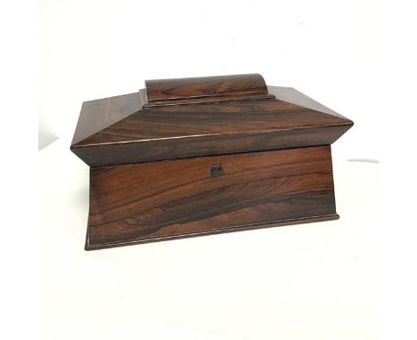 A Victorian rosewood sarcophagus shaped tea caddy, later converted to jewellery box, with velvet interior (18cm x 35cm x 20cm