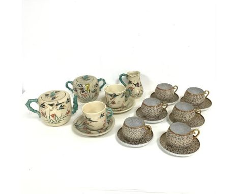 A 1930s Japanese Satsuma teaset including teapot with bamboo style handle and spout, decorated with birds, butterflies and gr