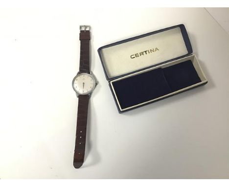 A Certina gentleman's wristwatch, the circular metal dial with arabic numerals (only hour hand), model no. verso, on leather 