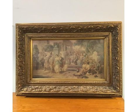 A coloured print on board, depicting a scene in Roman Egypt, in ornate frame (41cm x 77cm)