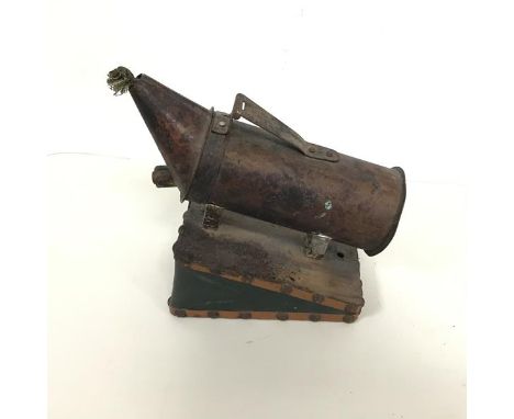 A vintage bee smoker, the copper smoker atop a pair of bellows (h.25cm x 21cm x 14cm)