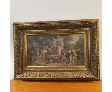 A coloured print on board, possibly depicting a Classical Wedding Ceremony, with the Bridge arriving on a Leopard drawn Carri