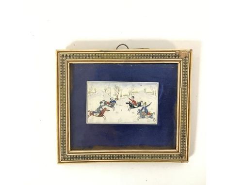 19thc School, Indian Gentlemen Playing Polo, watercolour on card, in a glazed frame with a bone and mother of pearl inlay