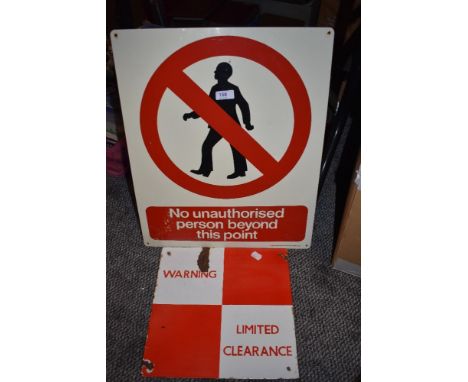 20th century enamel warning sign for Limited Clearance and similar sign