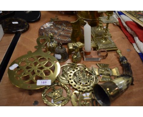 Edwardian and later hardware including water jug, candle sticks copper planter and hunting horn