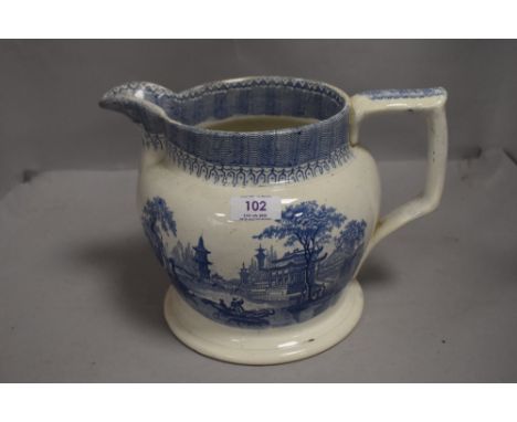 Victorian large blue and white ware water jug having transfer print of Chinese city and boat