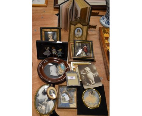 Late Victorian and similar miniature portraits including carved alabaster profile, Cartmel scene and fine portrait in scroll 