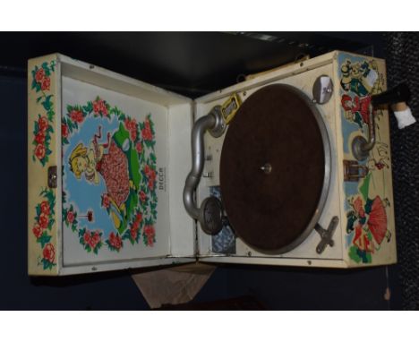 20th century Childrens shellac 78rpm record player by Decca with nursery rhyme theme and four childrens records