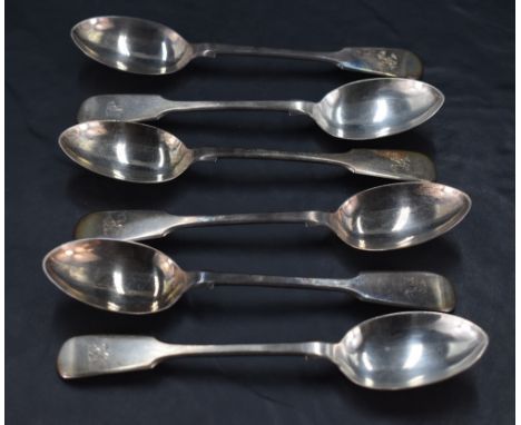 A set of six Victorian silver teaspoons, fiddle pattern with engraved initial R, marks for London 1859, maker The Portland Co